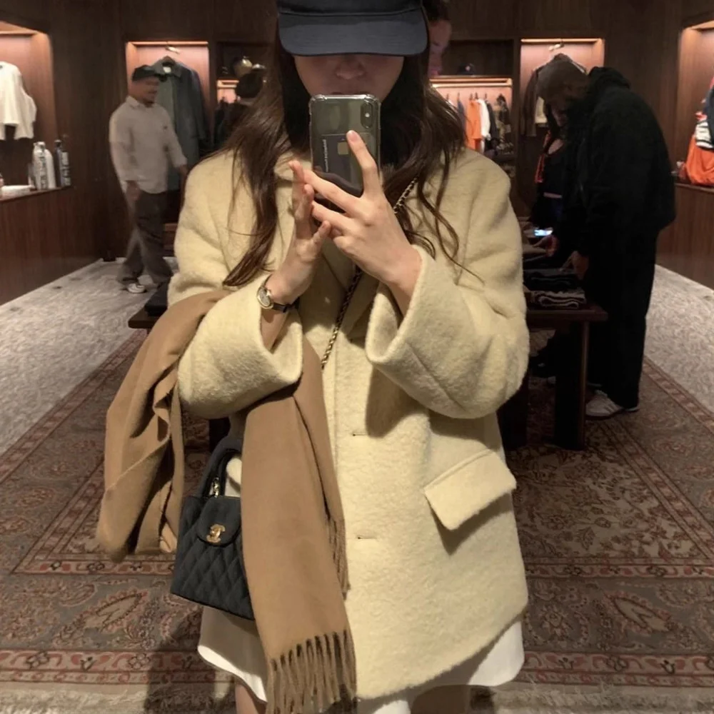 

Пальто Ounce H25 осенне-зимнее, однотонное, повседневное, шерстяное, в корейском стиле, свободного кроя, с длинными рукавами, на одной пуговице