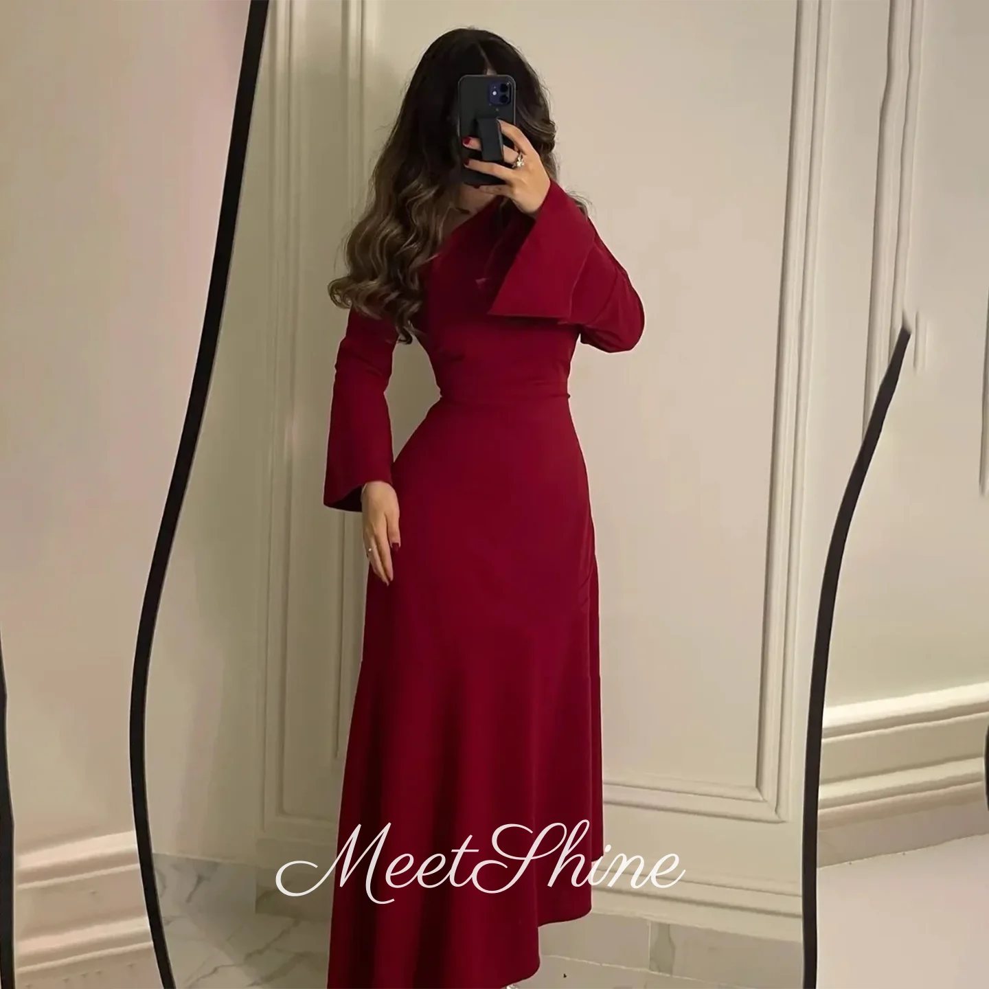 

Modern Burgundy Long Flare Sleeves A-Line Evening Dresses Simple Dubai Satin Formal Wedding Prom Dresses for Women Customized