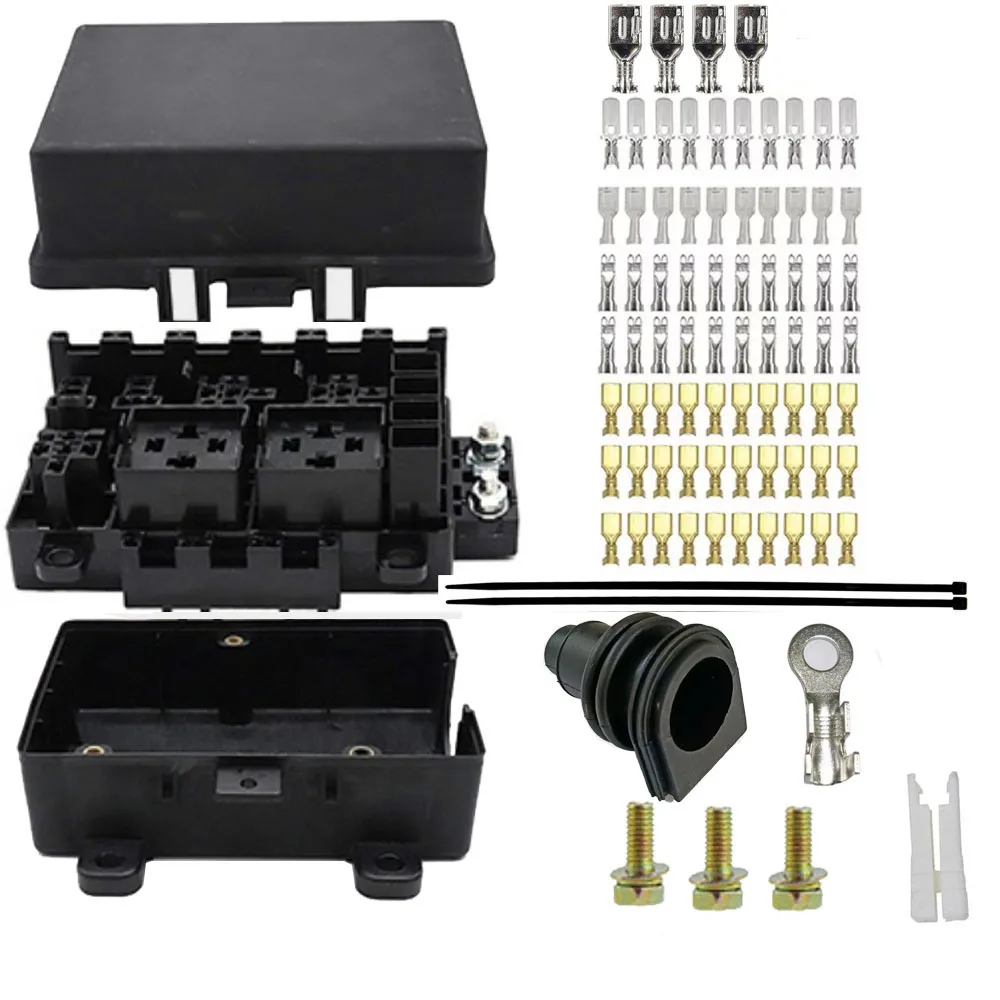 Waterproof fuse relay box with 7 relays, 9 blade fuses (3 spares) and 4 quadratic fuses, 1 100A chip fuse, fuse relay holder