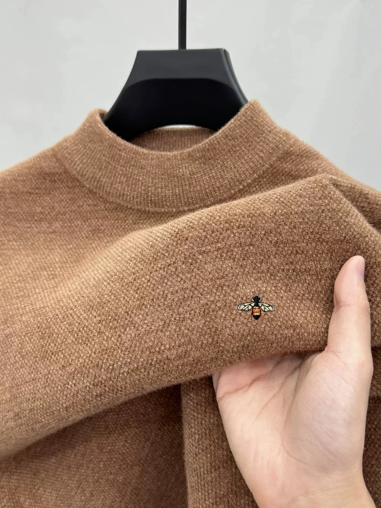 

High end fashionable men's round neck sweater winter warmth plush comfort luxury brand Little Bee embroidery new knitted pullove