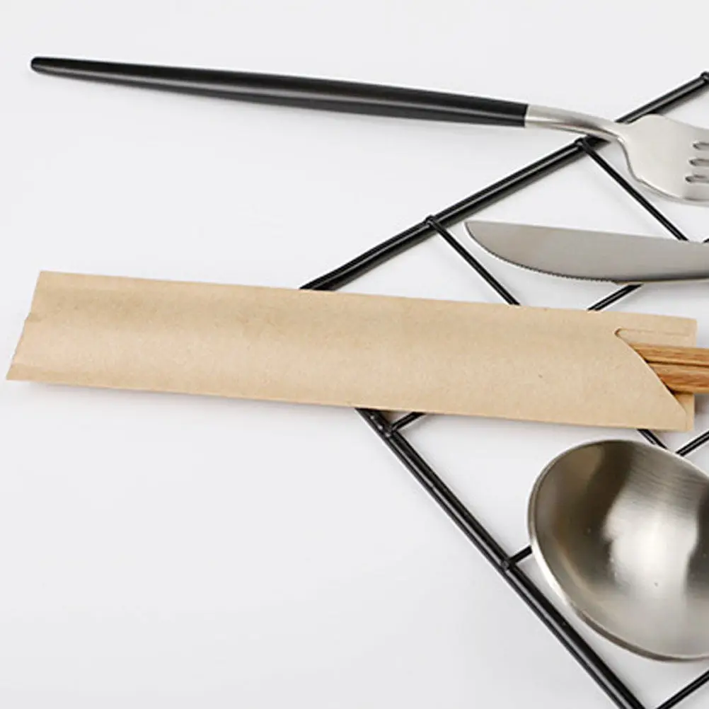 200Pcs Kraft Paper Chopstick Sleeve Bags Disposable Cutlery Wrappers for Restaurant Dining Party Takeout Supplies