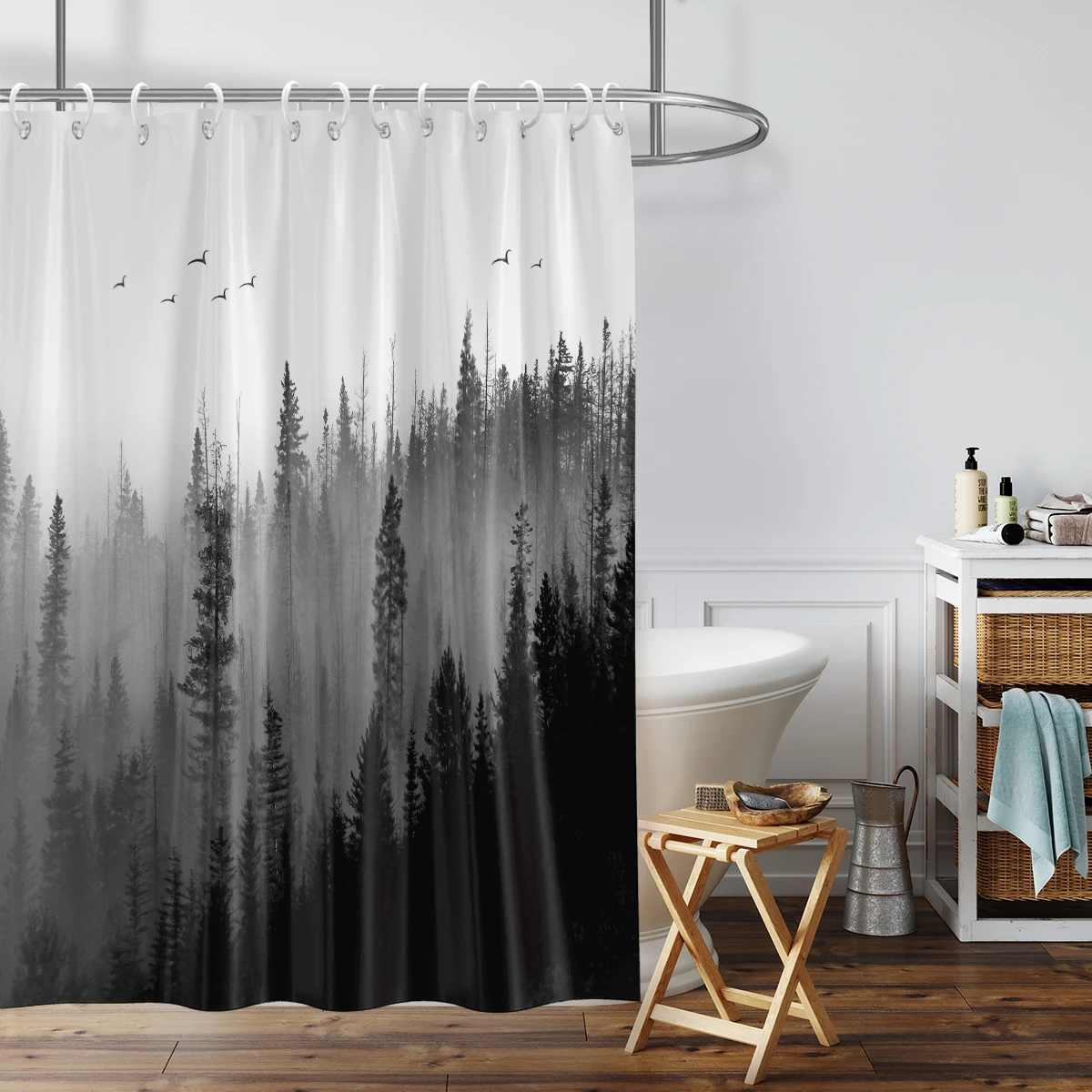 1 piece of 180x180cm natural scenery mist forest printed shower curtain partition, bathroom waterproof and mold resistant