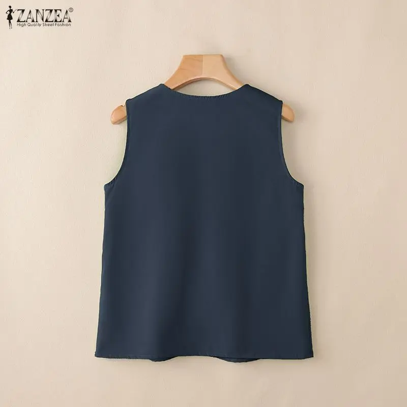 ZANZEA Sommer-Tanktops ohne Ärmel, stilvolle Damen-Tops mit V-Ausschnitt, elegante Spitzen-Patchwork-Urlaubsbluse, lässige, lockere Strand-T-Shirts – Detail 12