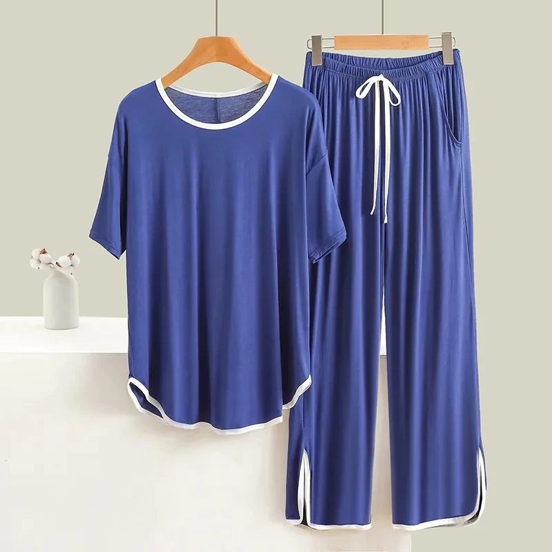 Large Size 6XL 150KG Summer Women Pajamas Set Short Sleeve Tops and Pants Solid Color Sleepwear Pajamas Suit Home wear