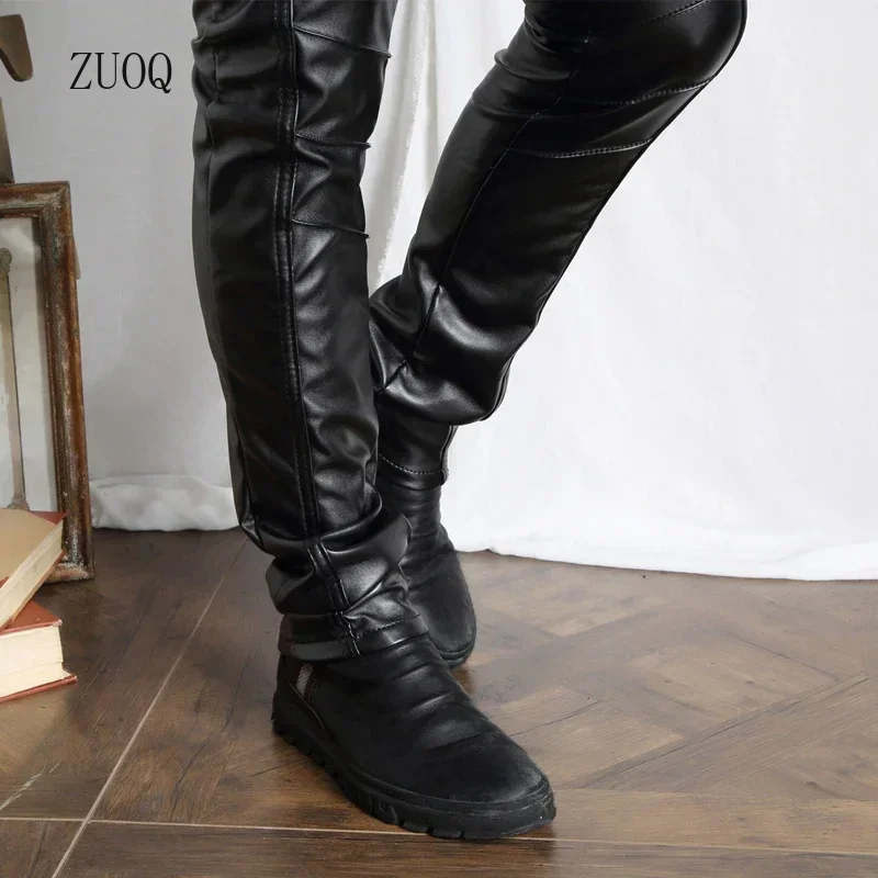 Personality Men\'s Leather Pants Slim Male Clothing PU Trousers Nightclub College Party Skinny Biker Streetwear