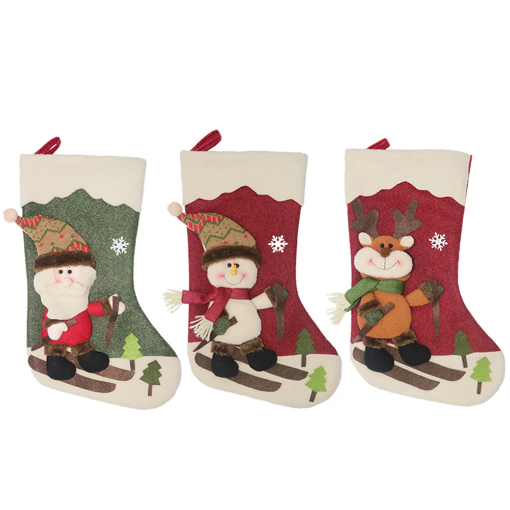 

3 Pcs Stockings Gift Bags Santa Claus Snowman Elk Design Christmas Stockings Reusable Hanging Home Party Tree Gifts