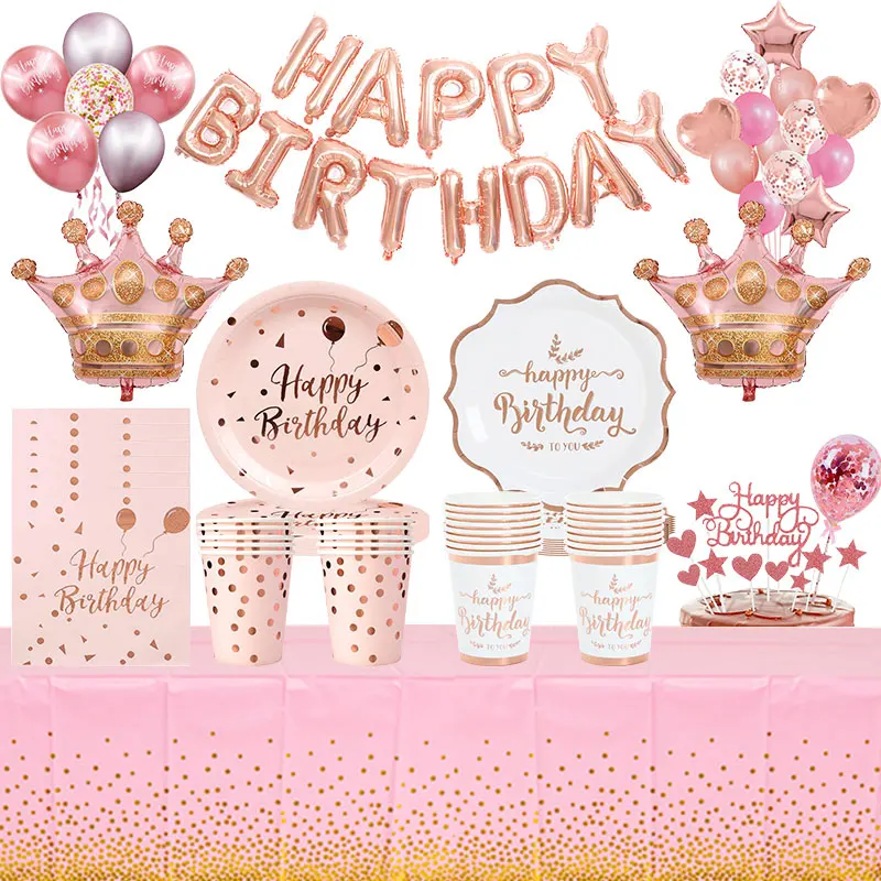 Conjunto de Decoração de Aniversário em Ouro Rosa, Louças, Copos, Pratos, Balões, Banners, Fundo, Topper de Bolo, Suprimentos para Festa de Aniversário Infantil