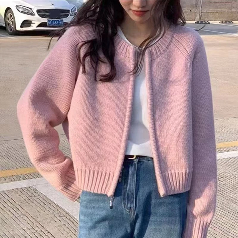 

Осенний свободный женский кардиган на молнии с круглым вырезом, свитер, корейские куртки, нежный стиль, короткие вязаные пальто, милый однотонный повседневный топ