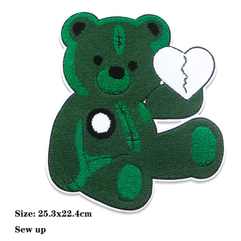 Cute Heart-shaped Green Bear Chenille Icon Towel Embroidery Applique Patches For Clothing DIY Iron on Patch on the Stickers