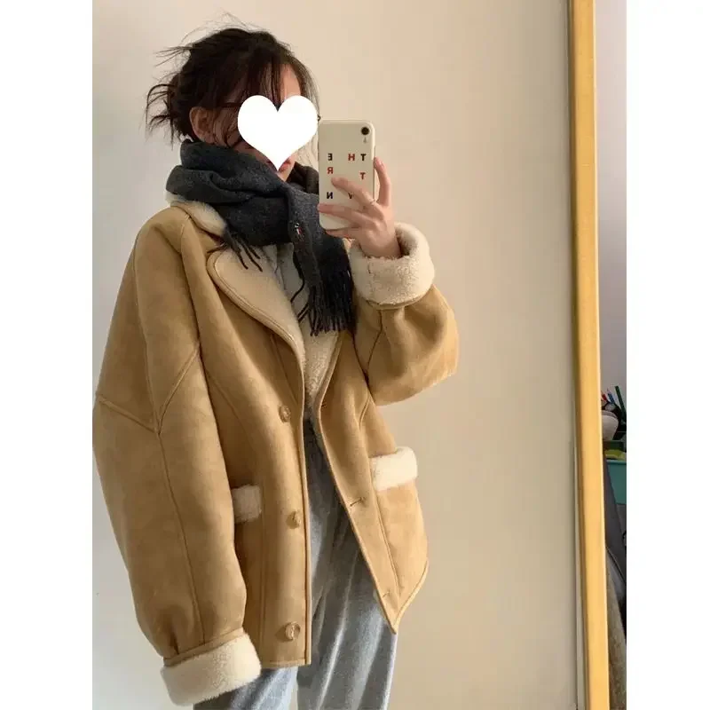 Light brown lamb hair coat jacket women  Korean autumn and winter vintage style deerskin thickened cotton padded jacket women