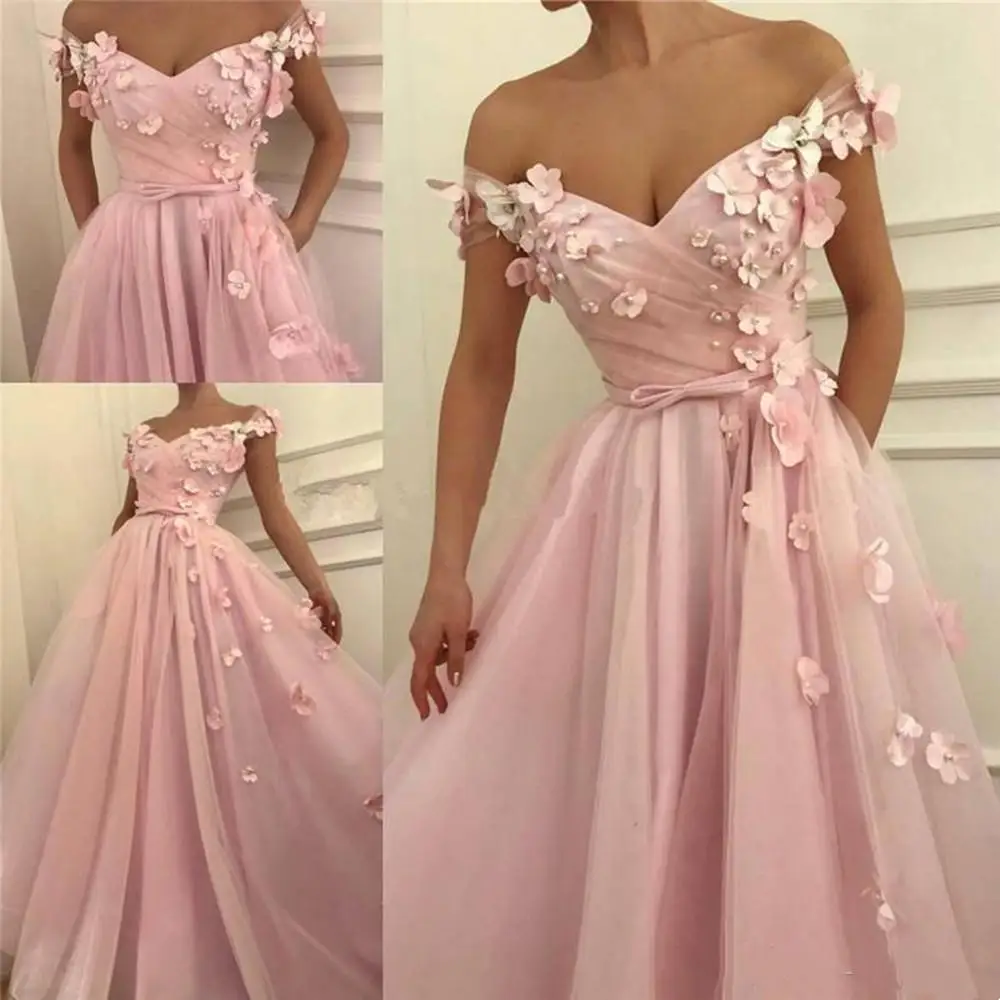 

Vinca Sunny Pink 3D Flowers Tulle Prom Dress 2023 Off Shoulder Floor Length Formal Graduation Evening Party Gown Robes De Soirée