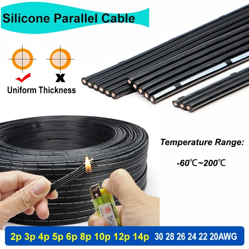 2~20m Super Soft Silicone Parallel Wire 2P~12P 30 28 26 24 22 20AWG High Temperature Resistant Flexible Tinned Copper Cable