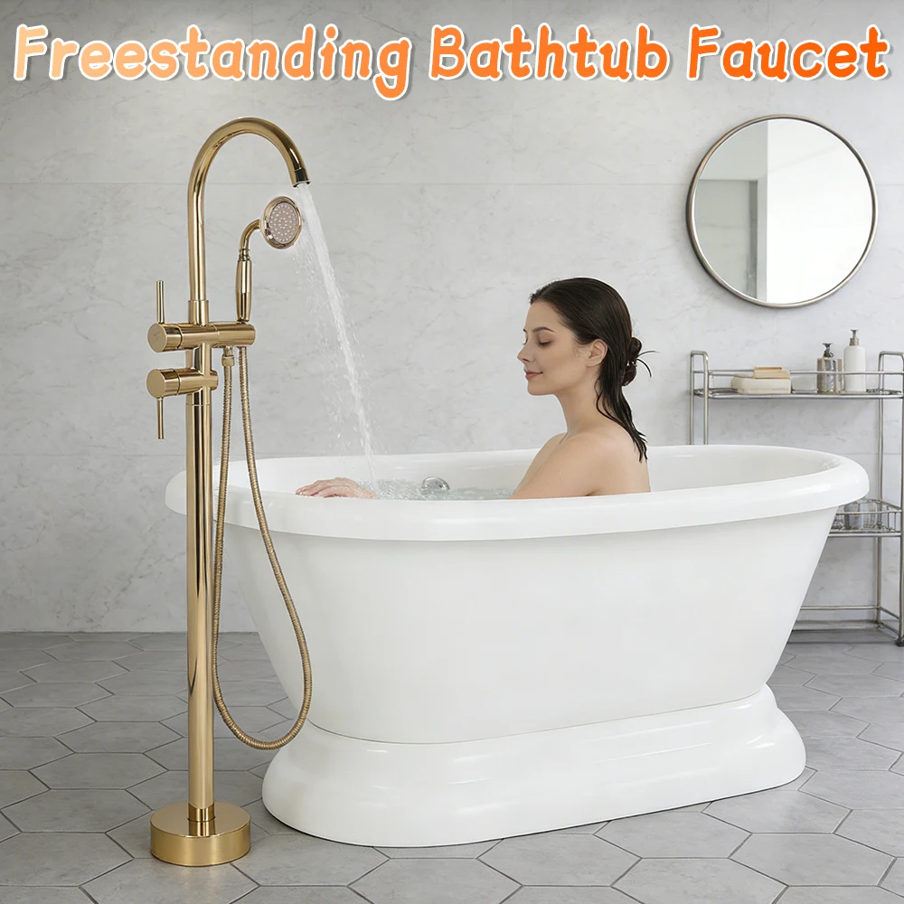 

Герметичный отдельно стоящий смеситель для душа на гибкой стойке 360° ° Вращающийся 2-режимный смеситель напольный с ручным душем для ванны и ванной комнаты