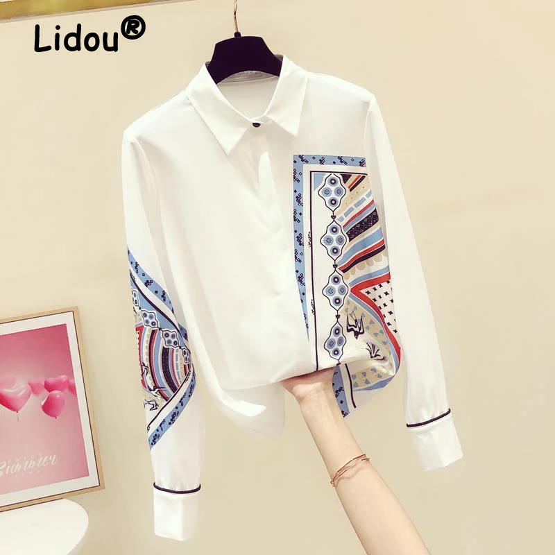 Spring Autumn Chiffon Polo Neck Shirts Pure White Loose Trend Office Lady Fashion Elegant Design Sense Long Sleeved Satin Blouse