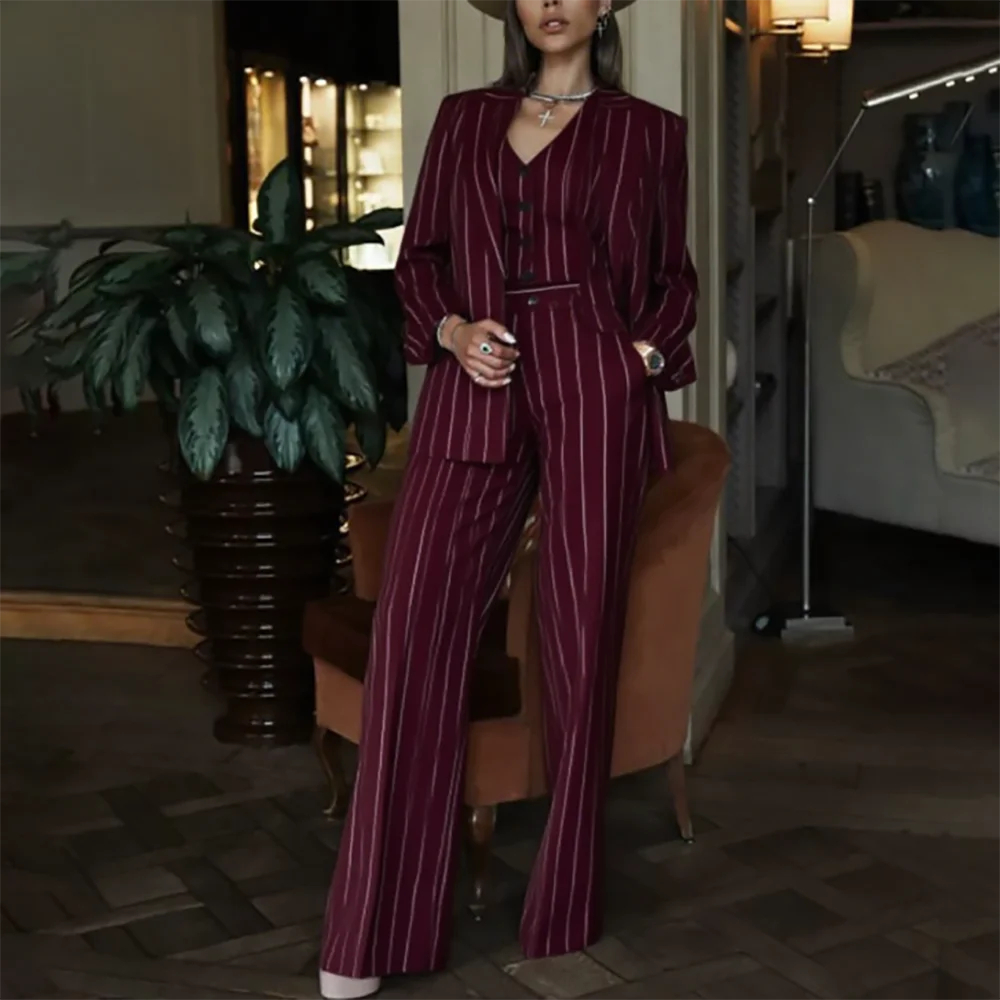 

Women Pants Suit 3 Piece Burgundy Stripe Work Outfit Office Wear Single-breasted Chic Trousers Blazer Set Professional Clothing