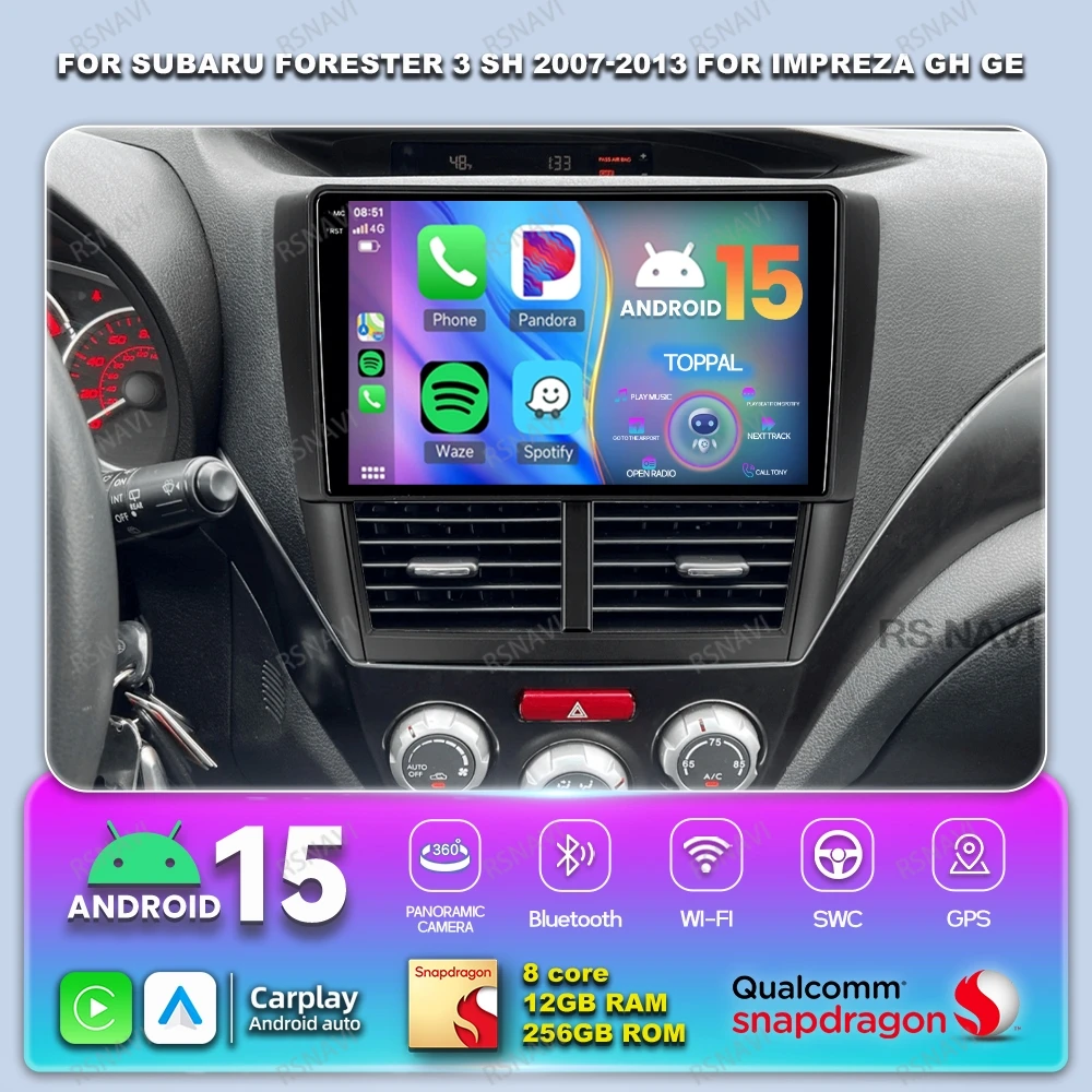 Android 15 Car Radio For Subaru Forester 3 SH 2007-2013 For Impreza GH GE QLED DVD Multimedia Wireless Carplay Auto GPS Qualcomm