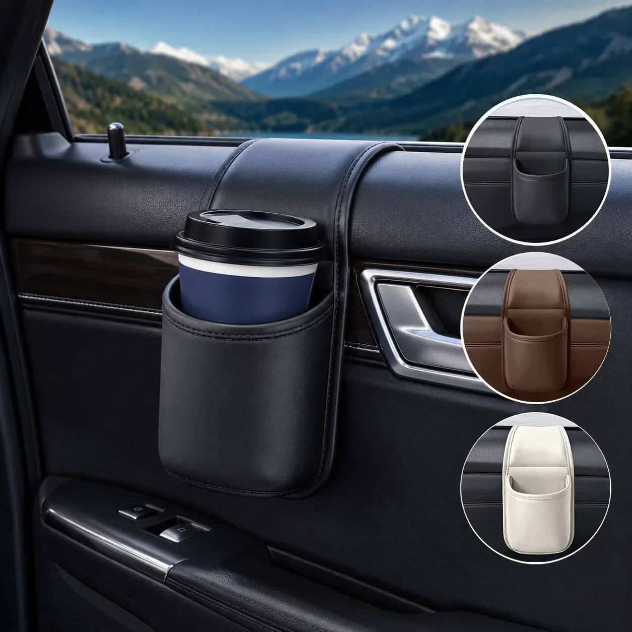 Multifunctional PU Car Door Storage Pocket Adhesive Cup Holder Car Door Mount Drink Holder Auto Interior Organizer Accessories