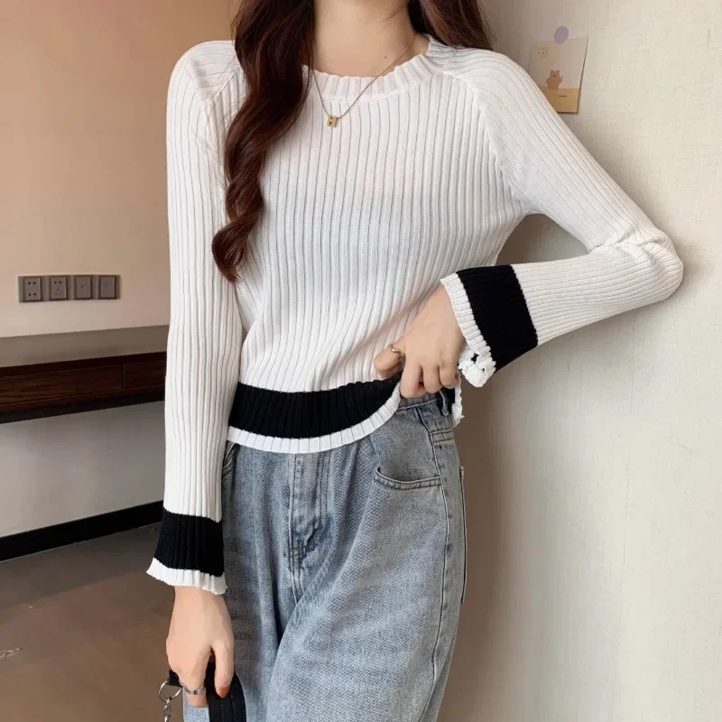 

Женские вязаные пуловеры со вставками, нежные, тонкие, темпераментные, в корейском стиле, осенняя новая мода, шикарные женские укороченные пуловеры с круглым вырезом, универсальные