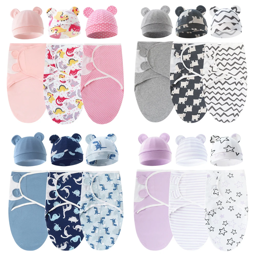 

3 Sets Newborn Swaddle Wrap Hat Set Cotton Baby Sleeping Bag Newborn Blanket Swaddles Infant Sleepsack Baby Bedding Accessories