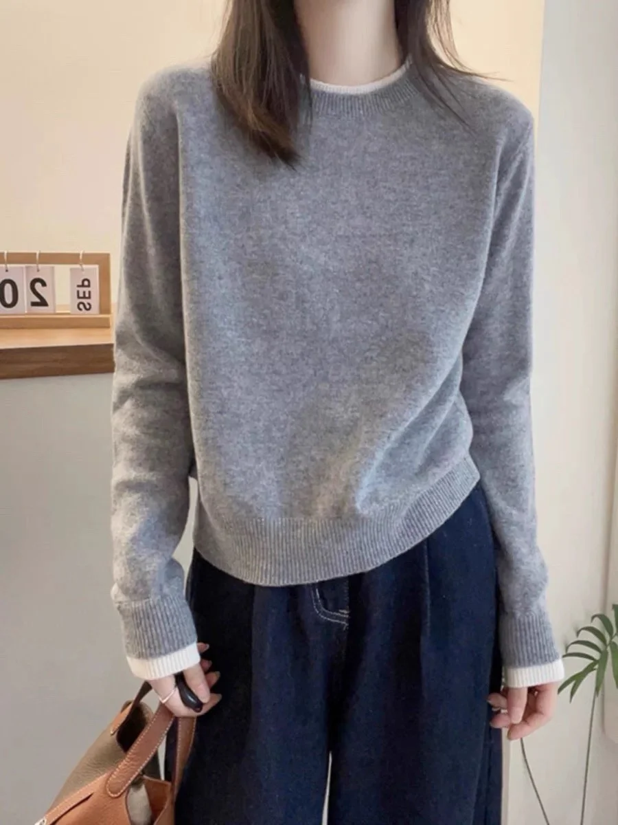 

ay round Ne Splice Knitted Sweater Women's Loose Base Layer irt Korean Sle Woolen Fake Two-Piece Autumn Winter New Ar...