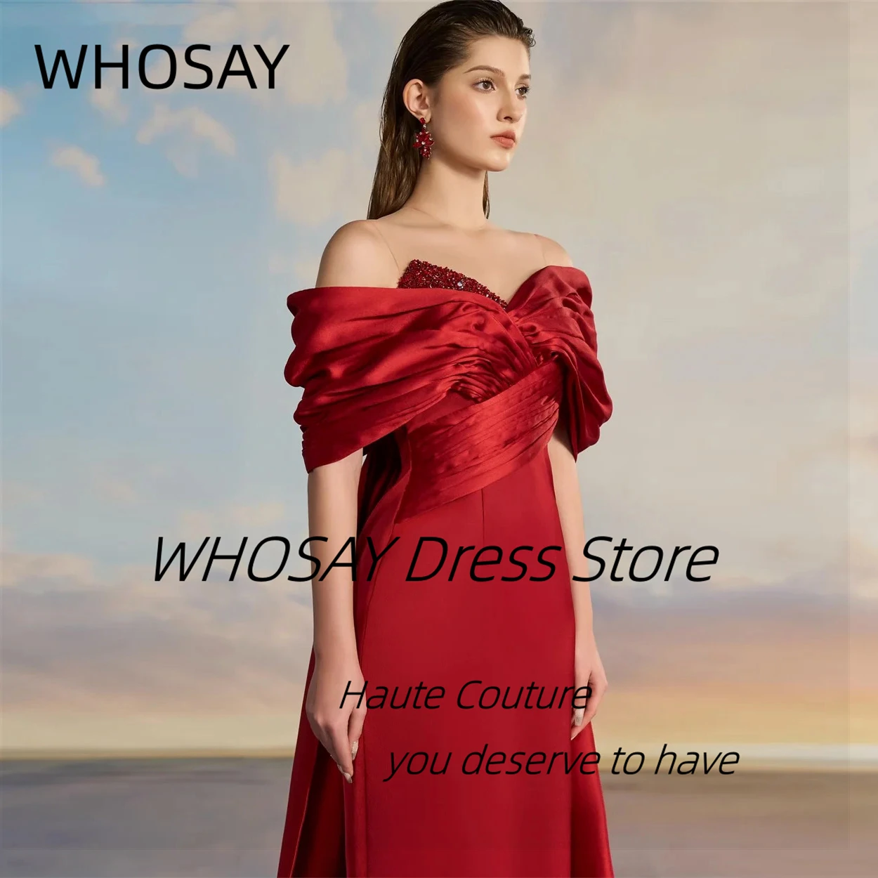 WHOSAY Sheer O-Neck Evening Dresses Customized Beading Off Shoulder Buttons Back Prom Dress Long Elegant Party Bride Gowns