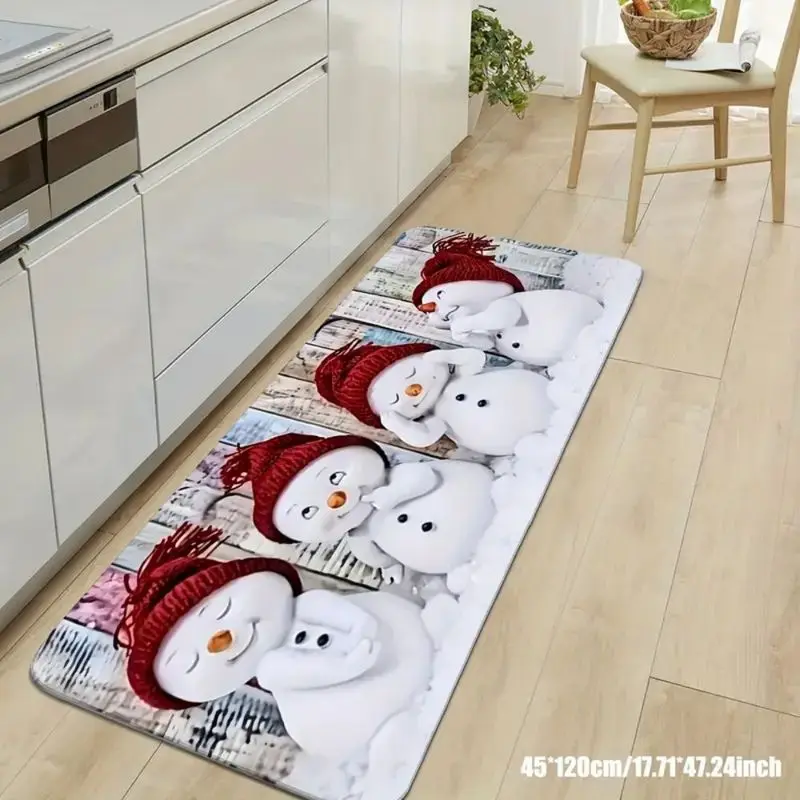 VIKAMA Christmas Flannel Kitchen Mat Four Snowmen Red Hat Wood Print Non Slip Rug For Kitchen Floor Dining Xmas Decor
