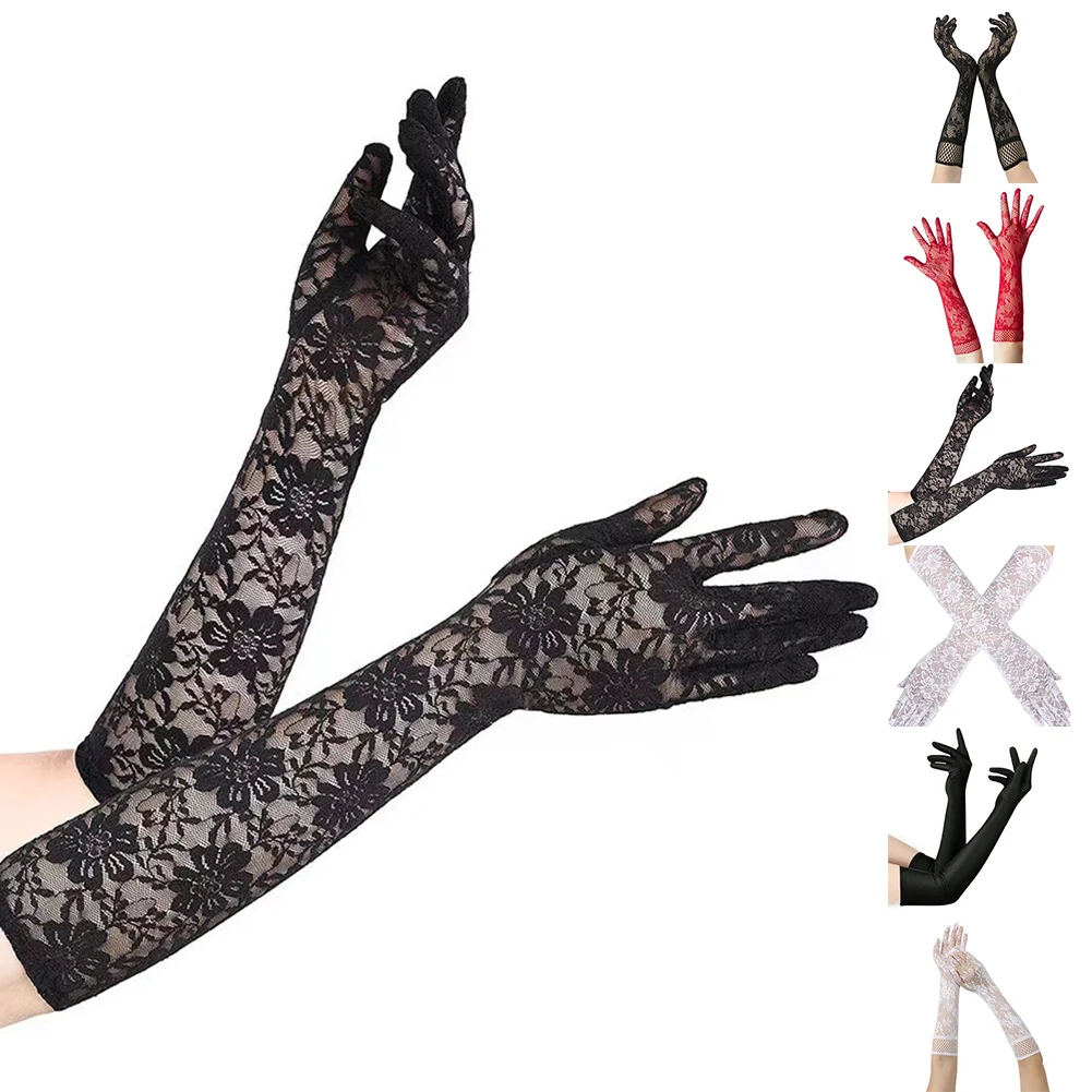 Womens Sexy Fishnet Lace Elastic Gloves Bride Long Sleeves See Through Etiquette Breathable Mesh Hollow Women Secret Clothes