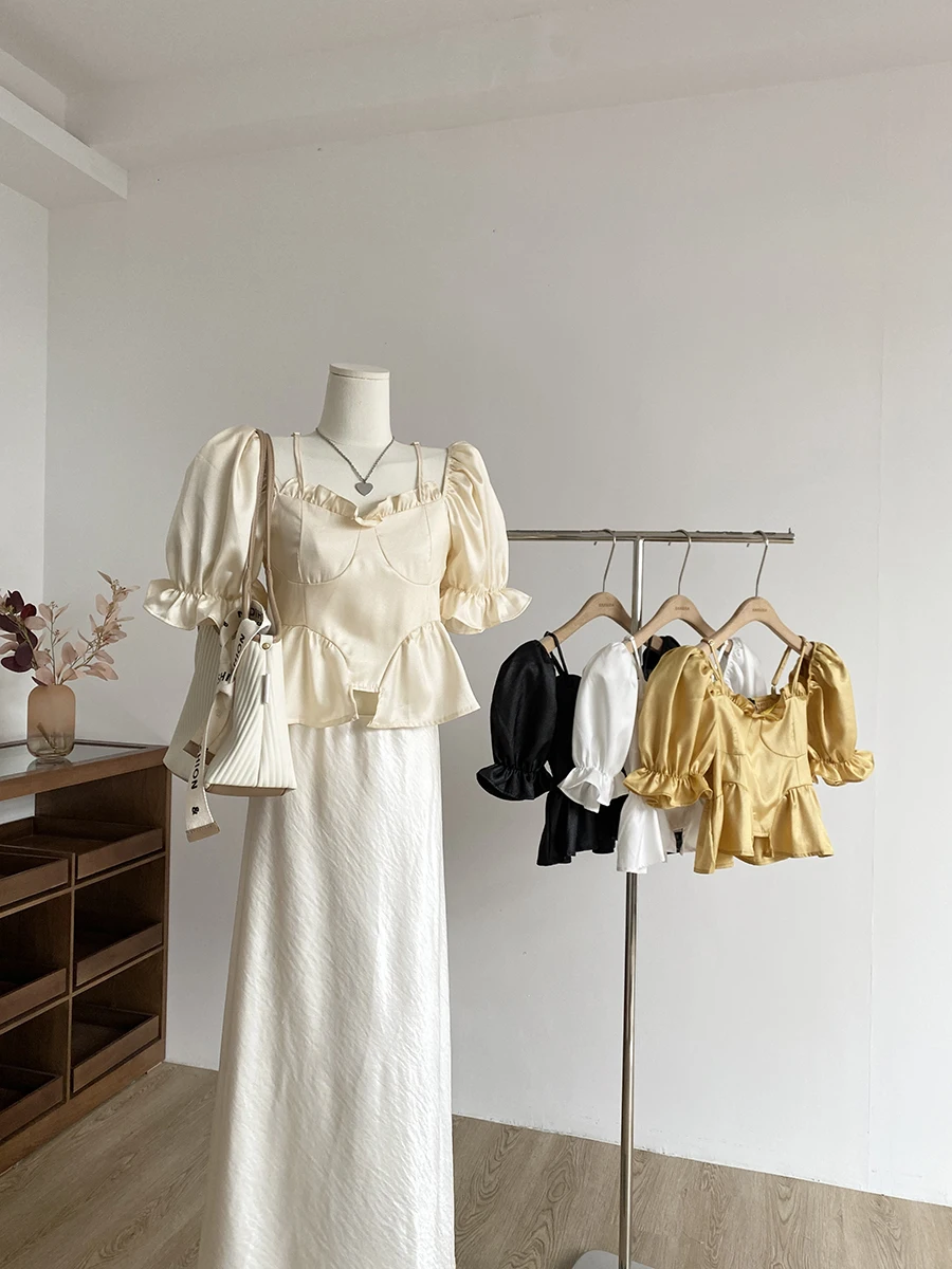 

Женская приталенная блузка Sweet Pure Desire Summer 2025 с рукавами-фонариками, квадратным вырезом и воротником-халтер в корейском стиле для повседневной носки