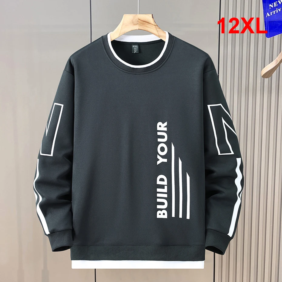 

12XL Plus Size Sweatshirts Men Spring Autumn Fake Two-piece Design Sweatshirt Fashion Casual O-neck Pullover Male Big Size 12XL