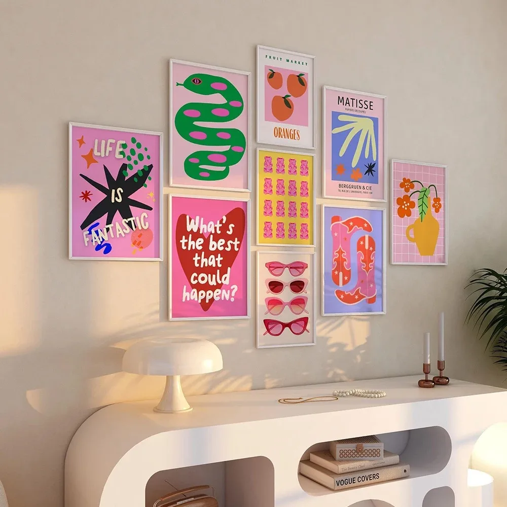 Trendy Maximalist Poster Set Prints Hot Pink Room Decor Dopamine Wall Art Pictures Danish Abstract YK2 Dorm Kitchen Decor Murals