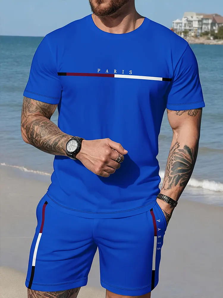 2024 New Summer Casual Men's Short-sleeved Top Outdoor Street Fashion Beach Shorts 3D Printed Men's T-shirt And Shorts Set