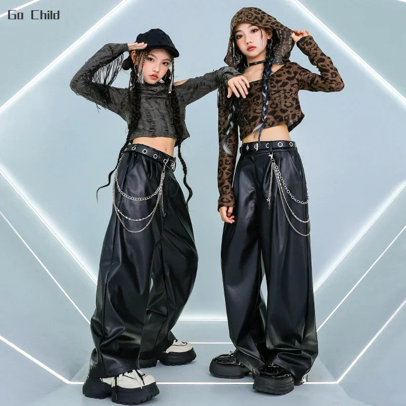 

Girls Hip Hop Cropped Ripped Off Shoulder Leopard Hoodies Pu Leather Pant Kids Street Dance Clothes Sets Children K-pop Costumes