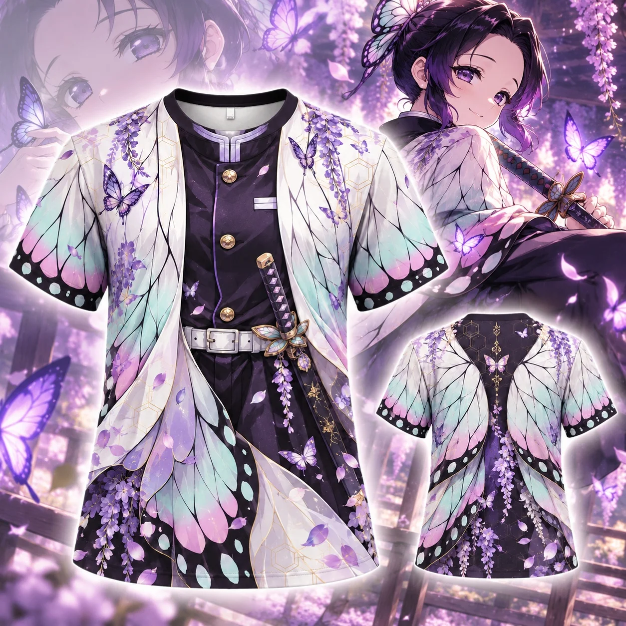 Shinobu Kocho Demon Slayer Grafik-T-Shirt für Damen, Anime-Schmetterlingskostüm-Print, kurzärmeliges, lässiges Oberteil – Detail 2