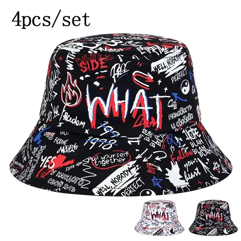 4Pcs Unisex What Graffiti Printing Personality Bucket Hats Fishermen Caps Outdoor Casual Cap Sunscreen Hat