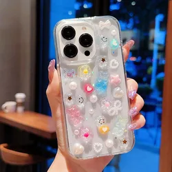 DIY Candy Bear Flower Pearl Heart Case For iPhone 13 14 Pro Max 11 15 Plus 17 Phone Cases Transparent Soft Shockproof Cover Capa