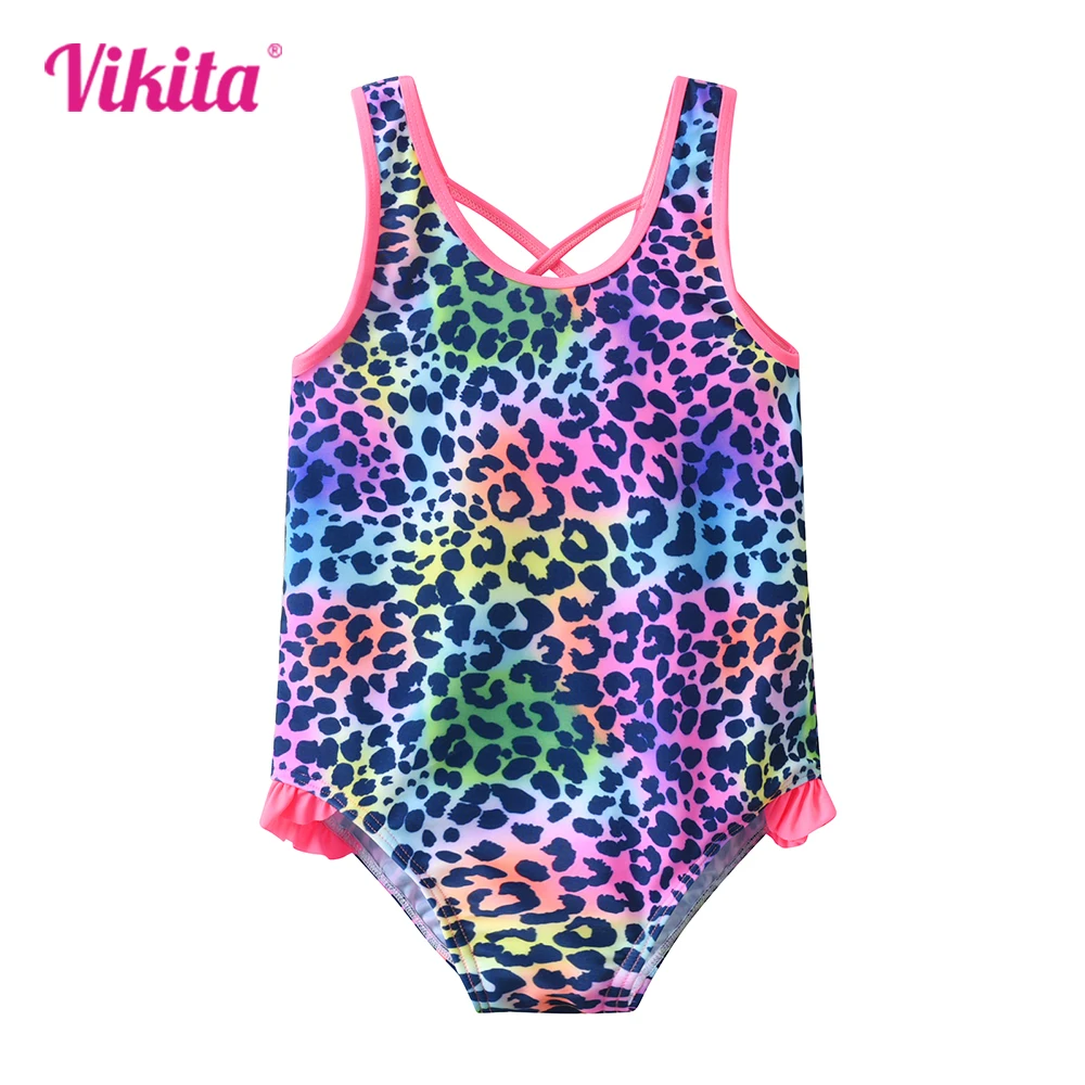 VIKITA Girls Swimming Suits One Piece Swimsuit Leopard Cartoon Kids Swimming Wear Colorful Children Summer Beach Suits Clothing