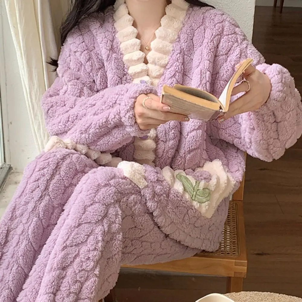 

Милый плюшевый флисовый комплект одежды для сна с цветами и карманами, фланелевая пижама, женский утепленный кардиган, зимняя ночная рубашка, осень/зима