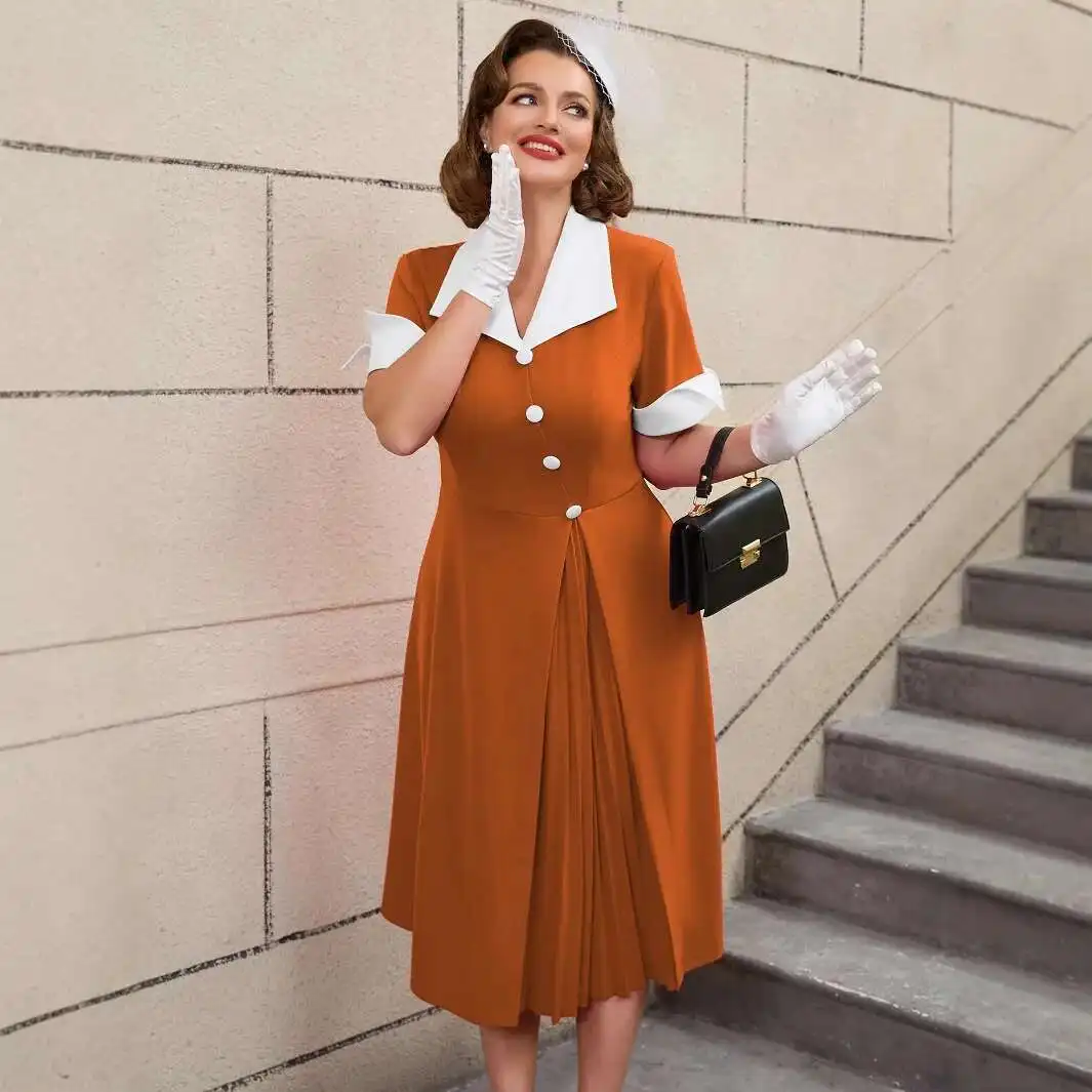

Slimming Am050238high Waist Color Block Turn-down Collar A-line Dress Elegant Cocktail Party Dress Robe Vestido Women Elegant