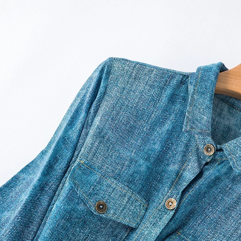 Light Luxury and Age Reducing 100%Natural Mulberry Silk Shirt Style Temperament Slim Fit Denim Shirt Double Pocket Women\'s Dress