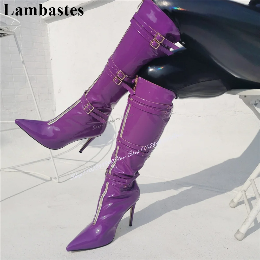 

Knee High Purple Belt Buckle Strap Runway Boots Stilettos High Heel Women Shoes Side Zipper Pointed Toe 2023 Zapatos Para Mujere