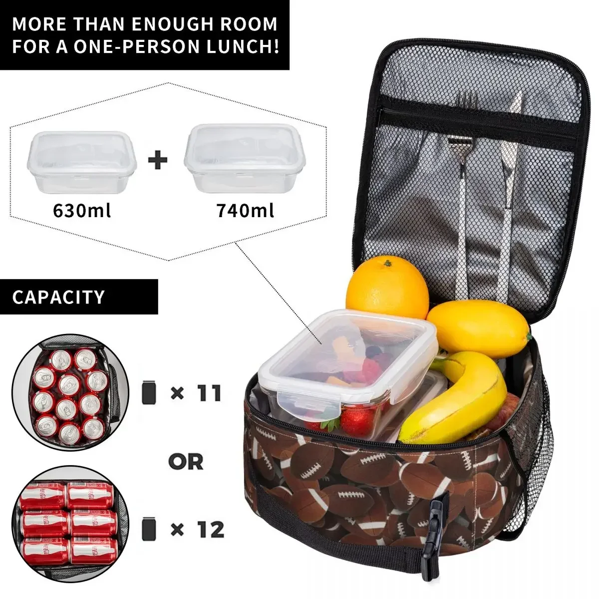 Bolsa de almuerzo aislada con patrón de pelota de Rugby de fútbol americano para mujer, enfriador impermeable, caja Bento térmica, oficina, Picnic, Viajes