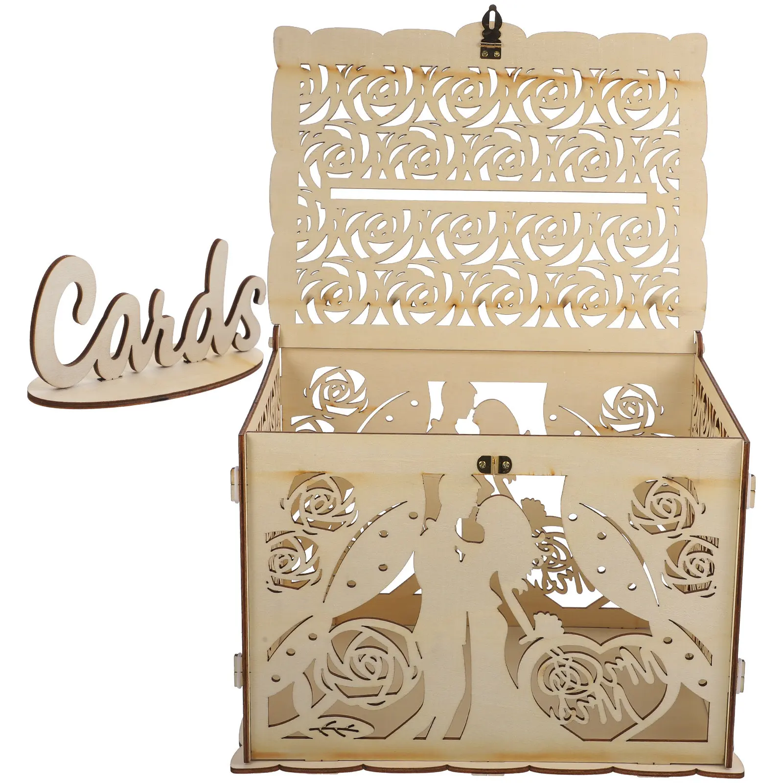 Hollowed Out Rustic Wooden Wedding Card Box for Reception Guest Sign-in Cards Envelopes Money Gifts Keepsake Box Decor view 2