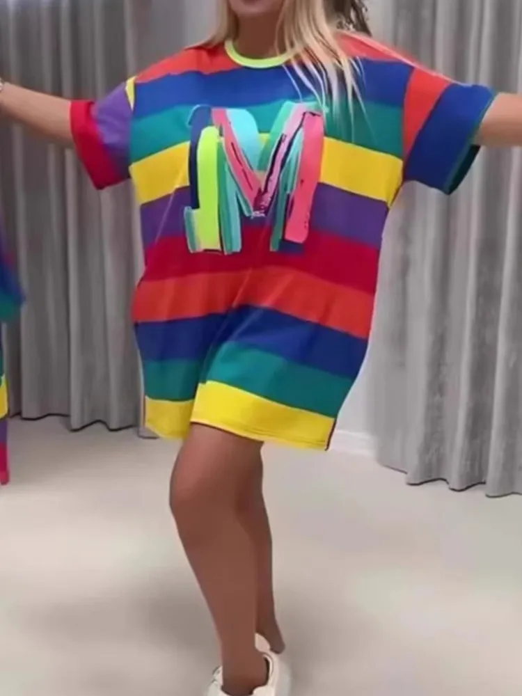 Lässiges Urlaubskleid Sommer Neue Mode Regenbogen Gestreiftes Loses Pullover-T-Shirt Kurzarm-Kleid für Damen Robe Femme Vestidos