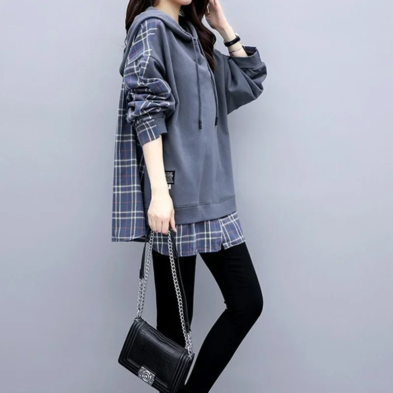 Women Fashion British Style Fake Two Piece Plaid Loose Spring Pullover Casual Patchwork Drawstring Hoodies Sweatshirts Female