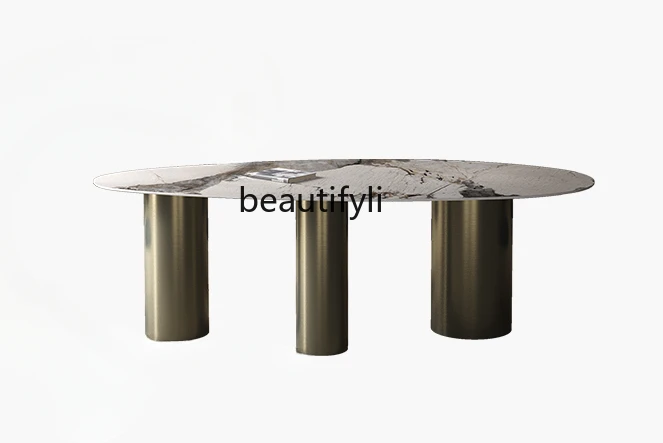 

Italian Minimalist Bright Stone Plate Dining Table Creative Household Marble Dining Table Modern Light Luxury Oval Table