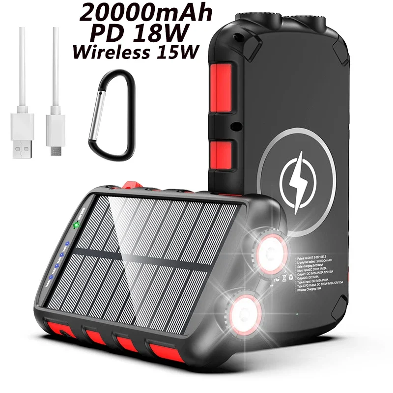 PD18W Real 20000mAh Portable Solar Power Bank wireless Fast charger Smartphones Powerbank External Battery led lamp waterproof