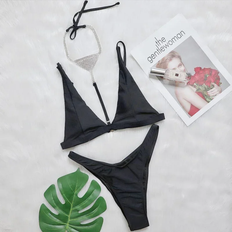 Bikini Luxury Crystal Choker Swimsuit Cover-Up Three-Piece Set Women's Swimwear