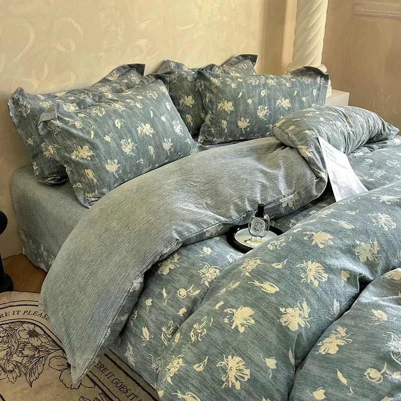 Thickened Cotton and Linen 200X230Cm Bedding Set Vintage Wrinkled Yarn Bed Linens for Autumn Soft Double Queen Size Home Textile