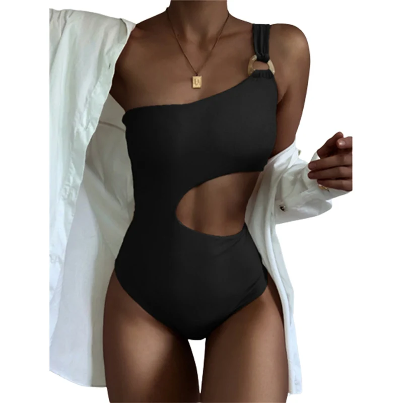 Cut-out Waist Sexy One-shoulder Straps One Piece Swimsuit Female Tight Stretch One-piece Swimwear Women's Swimming Bathing Suits