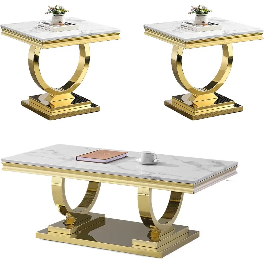 

3-Piece Marble Coffee Table Set for Living Room with Wooden Top and Stainless Steel Frame (Gold)